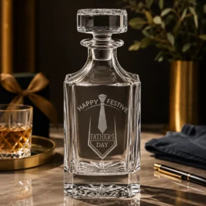 Crystal glass decanter engraved with 'Happy Festive Father's Day' on a dark wooden table, surrounded by a whiskey glass and gift setup.